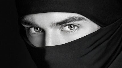 Naklejka premium Introspective male portrait with face hidden by dark clothing, eyes in sharp focus