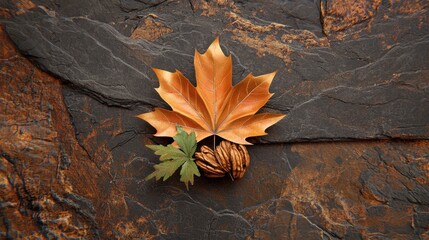 Obraz premium Isolated fall leaf, richly textured, popping off dark wood or stone background