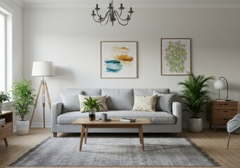 A bright living room features a gray sofa with pillows and a wooden coffee table