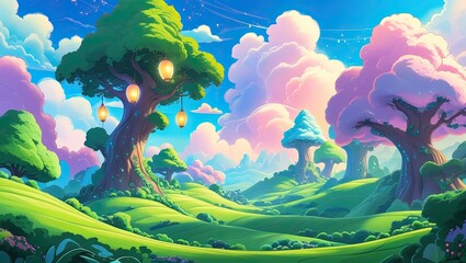 Enchanting Fantasy Landscape with Lanterns and Pastel Clouds