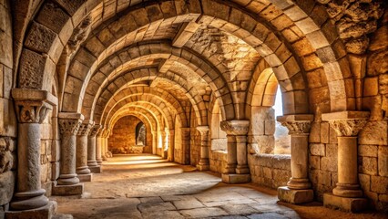 Obraz premium Ancient stone arches with soft natural light filtering through gaps and illuminating intricate carvings, gaps, ancient, gaps