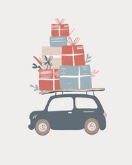 Little Car Carrying Stack of Holiday Gifts on Roof Rack