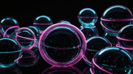 A collection of clear glass spheres with pink and blue glowing rings on a dark background scene