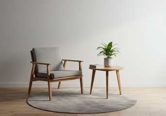 A gray armchair and a small round table with a plant in a bright interior setting