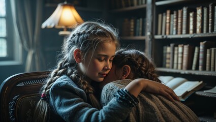 Sisters hugging in library with bookshelves in dark interior
