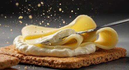 Cheese layers being applied with a knife on top of a biscuit cracker delight