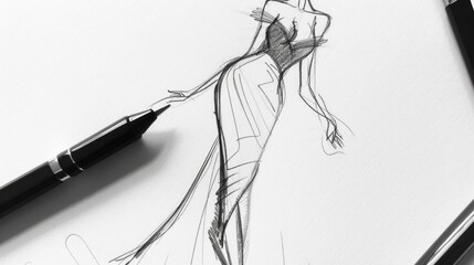 Fashion design sketch of woman wearing elegant evening gown with pencils on white workspace