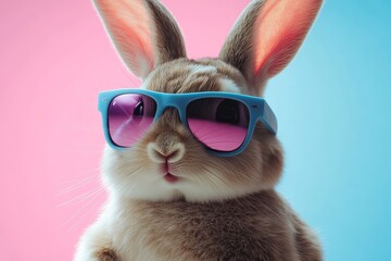 Stylish Bunny in Pink and Blue Portrait of a Cool Rabbit with Sunglasses on Colorful Background