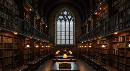 Obraz premium Gothic Library Interior with Stained Glass Window and Warm Lighting
