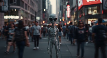Grey Alien in a Crowded City Street