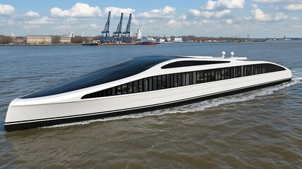 Sleek White Vessel Navigating Industrial Waterfront