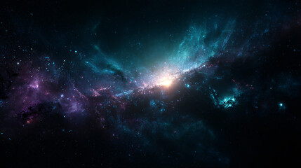 Naklejka premium The Milky Way, a blend of violet and cyan, illuminated by a radiant golden core.