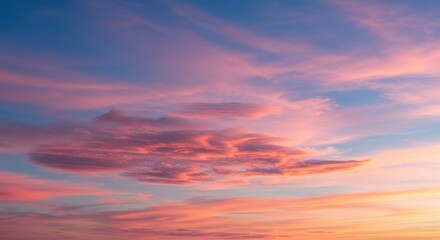 Fototapeta premium Vibrant sunset sky with colorful clouds over a serene landscape at dusk