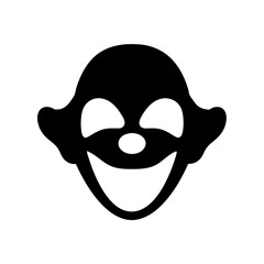 Minimalist black and white clown face graphic design on plain background
