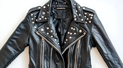 Studded Black Leather Jacket on White Background