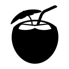 Silhouette of a coconut with a straw and tiny umbrella decoration