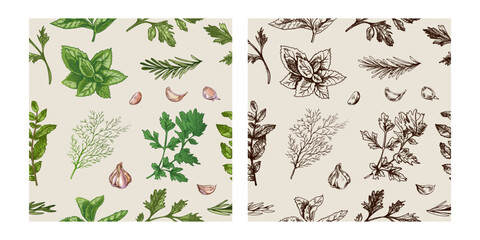 Seamless pattern of culinary herbs and garlic in engraved vintage style, color and monochrome versions included