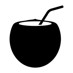 Black and white silhouette of a fresh coconut with drinking straw