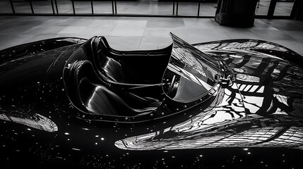 Sleek Black Roadster Reflecting Modern Architecture