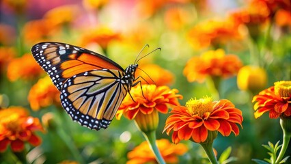 Obraz premium Delicate monarch butterfly perched on a vibrant orange marigold flower in a sunny garden, natural, summer