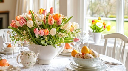 Pastel-colored Easter decor on dining table with vibrant tulips