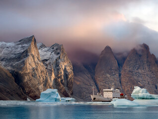 Tourist Icebreaker in Franz Joseph Fjord in Eastern Greenland