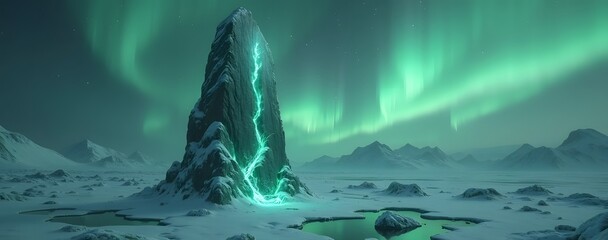 A towering obsidian monolith pierces a snowy tundra engraved with runes of liquid fire. A pale green aurora dances overhead reflected in the frost.