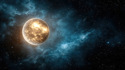 Obraz premium Glowing planet surrounded by cosmic backdrop of stars and nebulae creates serene atmosphere