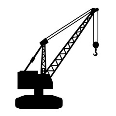 Silhouette of a large construction crane with hook and extended arm