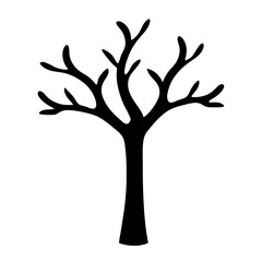 Silhouette of a bare tree with branching limbs against a white background