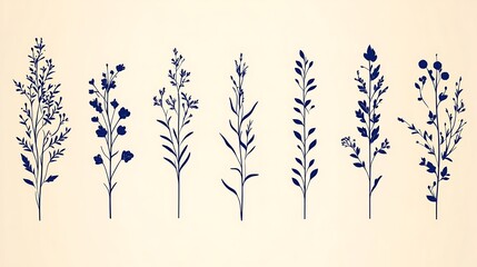 Obraz premium The image presents different silhouetted illustrations of various flowering plants