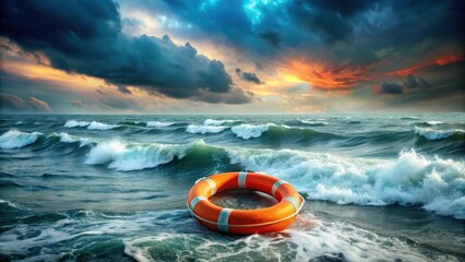 Obraz premium Ocean stormy sky with orange life buoy floating on waves, coastal, water, coastal, water, floating, natural, yellow,sea