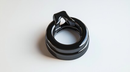 Glossy black circular object with a sculpted design.