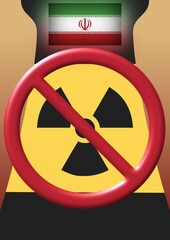 Illustration showing a nuclear symbol with a prohibition sign and the Iranian flag, symbolizing...