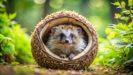 A cute and tiny hedgehog snuggled up in a cozy ball, its little face peeking out from beneath its prickly fur, forest
