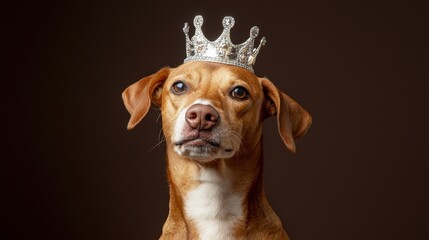 Serious royal canine with silver crown on head, deep brown background