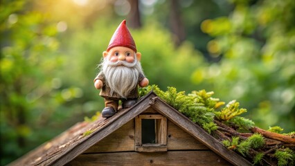 Tiny gnome with bushy beard on roof of small house, garden decor