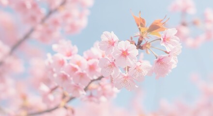 Obraz premium Delicate cherry blossoms blooming against a soft blue sky in springtime