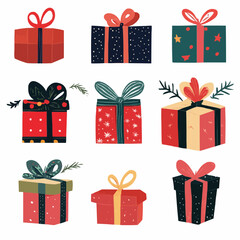 Vector set of stylized Christmas gift boxes with ribbons and bows, perfect for stickers, tags, packaging, festive prints and digital assets