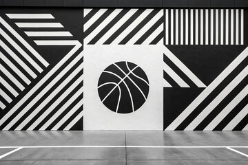 Striking Black White Geometric Basketball Court Mural Design Urban Street Art Modern Lines Abstract Patterns