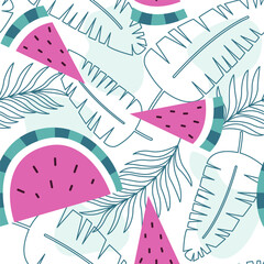 seamless pattern with tropical leaves and watermelons