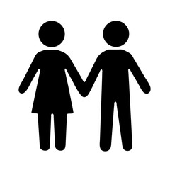 Simplified figures of a man and a woman holding hands together icon