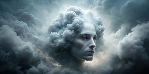 Head in a cloud with swirling misty fog surrounding it , eerie ambiance, otherworldly,  eerie ambiance, otherworldly