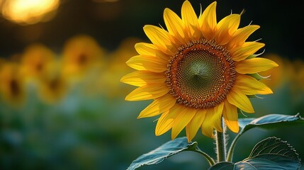 Fototapeta premium Sunflower. Bright yellow blooms bask in golden light
