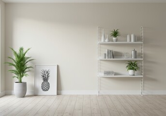 A bright room features a potted plant and a framed pineapple print near a white shelf