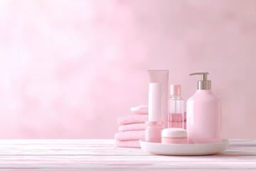 Cute feminine bathroom interior in pastel pink, cosmetic products for skin and body care on soft white wooden board