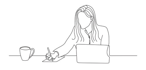 continuous single line art of a woman icon working and doing business in front of a laptop accompanied by a cup of drink. vector illustration