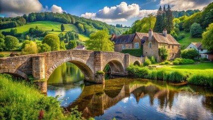 Old stone bridge over a calm river in a traditional village surrounded by rolling hills and lush green forests , hill, old architecture