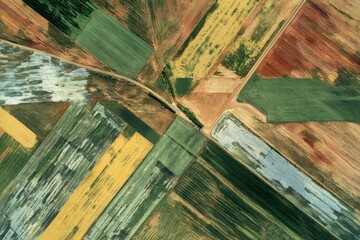 Fototapeta premium Textured aerial view of farmland showing geometric patterns of plowed fields in green, yellow, and brown tones