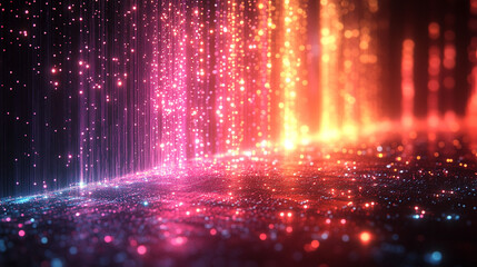 Fototapeta premium Abstract digital particles, vibrant colors, falling light streaks, glowing, glittering, shimmering, energy, 